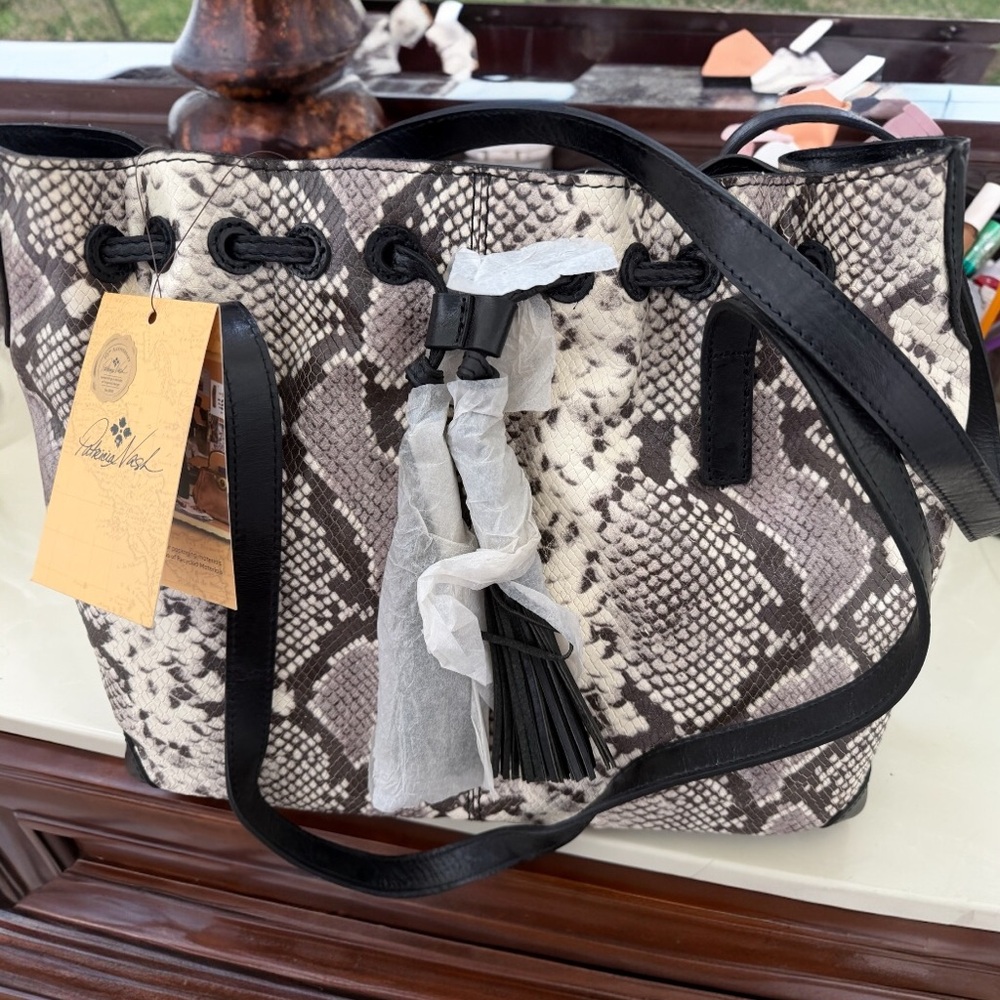 Snake-Print Bucket Bag with Black Trim